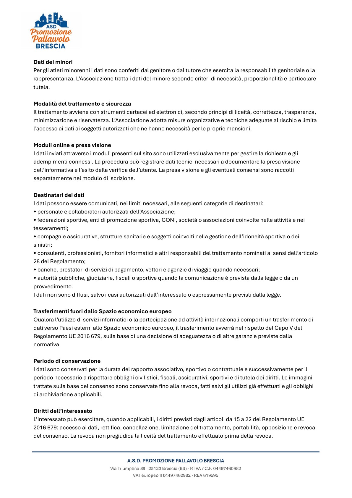 Informativa privacy A.S.D. Promozione Pallavolo Brescia - pagina 2 di 3