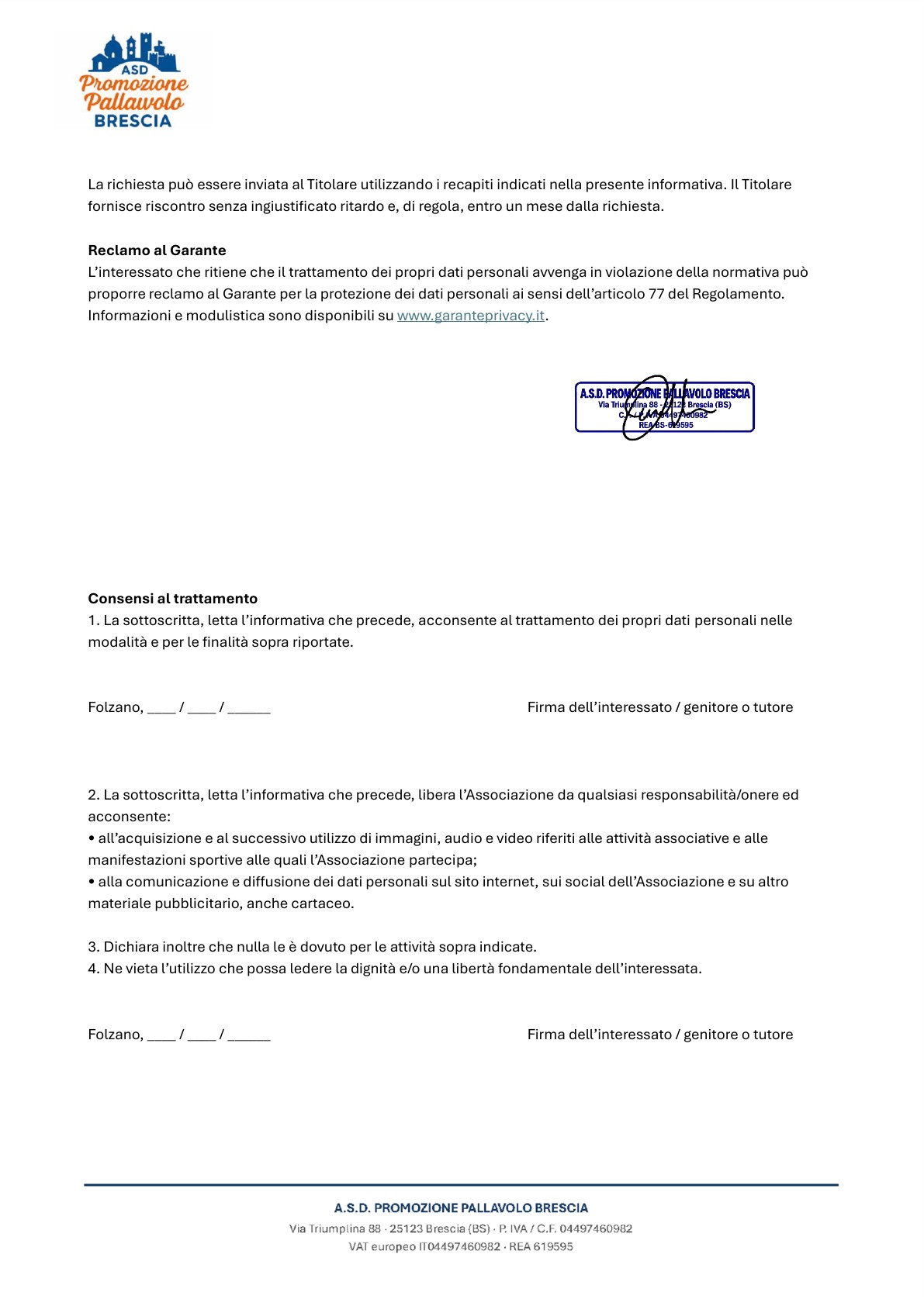Informativa privacy A.S.D. Promozione Pallavolo Brescia - pagina 3 di 3